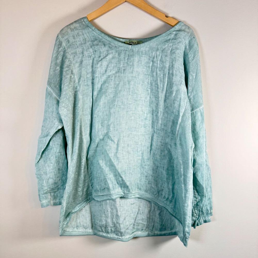 Camille & Co 100% Linen Blouse Shirt Top Large Made In Italy Roll Tab‎ Sleeves
